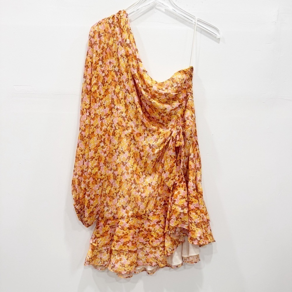 Lush Long Sleeve One Shoulder Side Tie Dress Ruffle in Mustard Rust Large